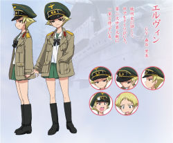 Rule 34 | 10s, 1girl, black footwear, blonde hair, blouse, boots, brown eyes, brown jacket, character sheet, concept art, erwin (girls und panzer), expressions, girls und panzer, goggles, goggles on headwear, green skirt, hand in pocket, hat, jacket, knee boots, long sleeves, military, military hat, military uniform, miniskirt, neckerchief, official art, ooarai school uniform, open clothes, open jacket, peaked cap, pleated skirt, school uniform, serafuku, shirt, shoes, short hair, skirt, smile, solo, standing, sugimoto isao, uniform, white shirt