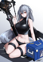 Rule 34 | 1girl, abyssal hunters logo, arknights, bare arms, bare shoulders, barefoot, black shirt, chaciooh, commentary request, crop top, gradient background, grey background, grey hair, groin, highres, long hair, looking at viewer, midriff, navel, no headwear, red eyes, revision, rhodes island logo (arknights), shirt, sitting, skadi (arknights), sleeveless, sleeveless shirt, solo, stomach, sword, thigh strap, thighs, very long hair, weapon