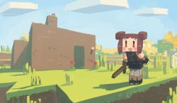 Rule 34 | 1girl, :d, blue sky, blush stickers, brown hair, cloud, commentary, day, double bun, english commentary, enne (porforever), flower, grass, hair bun, highres, holding, holding sword, holding weapon, house, looking at viewer, minecraft, minecraft sword, open mouth, original, outdoors, porforever, red eyes, short hair, sky, smile, solo, sword, weapon