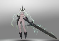 Rule 34 | 1girl, absurdres, aqua eyes, aqua hair, bare shoulders, boots, breasts, commission, crown, floating, gauntlets, groin, highres, holding, holding sword, holding weapon, huge filesize, huge weapon, long hair, looking at viewer, navel, oota youjo, original, pixiv commission, revealing clothes, smile, sword, very long hair, weapon