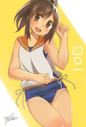 Rule 34 | 1girl, blouse, blue one-piece swimsuit, brown eyes, brown hair, cowboy shot, dated, hair ornament, hairclip, i-401 (kancolle), kantai collection, looking at viewer, lying, one-piece swimsuit, one-piece tan, open mouth, orange sailor collar, ponytail, sailor collar, school swimsuit, shirt, short hair, short ponytail, signature, sleeveless, sleeveless shirt, smile, solo, swimsuit, swimsuit under clothes, tan, tanline, teeth, two-tone background, upper teeth only, white shirt, yellow background, yumi yumi