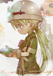 Rule 34 | 1girl, blonde hair, brown gloves, brown headwear, brown jacket, glasses, gloves, green eyes, helmet, jacket, jet yowatari, looking at hands, made in abyss, profile, riko (made in abyss), short sleeves, solo, twintails, upper body, watercolor effect, whistle
