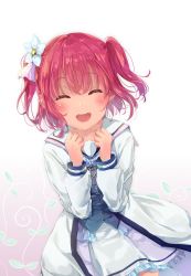 Rule 34 | 1girl, :d, ^ ^, blue bow, blue bowtie, blue skirt, blush, bow, bowtie, clenched hands, closed eyes, facing viewer, flower, frilled skirt, frills, hair flower, hair ornament, hands up, highres, hinausa, jacket, kurosawa ruby, long sleeves, love live!, love live! sunshine!!, mirai no bokura wa shitteru yo, open mouth, red hair, sailor collar, short hair, skirt, smile, solo, two side up, white flower, white jacket