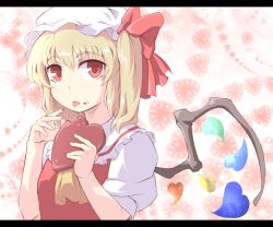Rule 34 | 1girl, ascot, bad id, bad pixiv id, blonde hair, female focus, flandre scarlet, hat, heart, kuro goma (kakkou11), letterboxed, red eyes, revision, ribbon, short hair, side ponytail, skirt, solo, tongue, tongue out, touhou, whitesesame, wings