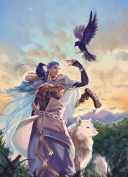 Rule 34 | 1boy, animal, animal on shoulder, armor, belt, bird, bird on shoulder, blue hair, bracelet, cape, capelet, cu chulainn (caster) (fate), cu chulainn (fate), detached sleeves, dog, earrings, fate/grand order, fate (series), floating hair, fur-trimmed hood, fur trim, highres, hood, hood down, hooded cape, hooded capelet, jewelry, long hair, male focus, moon, muscular, muscular male, outdoors, pauldrons, crow, shoulder armor, spiked hair, staff, sunset, tank top, tree, uni (nico02), vambraces, white wolf, wolf, wooden staff