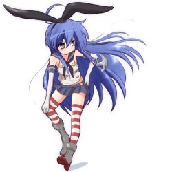 Rule 34 | 1girl, anchor, anchor hair ornament, bad id, bad pixiv id, blue hair, cosplay, crossover, elbow gloves, gloves, green eyes, hair ornament, hairband, hand on own hip, hand on own knee, izumi konata, kantai collection, long hair, lucky star, mizushima (p201112), mole, mole under eye, shimakaze (kancolle), shimakaze (kancolle) (cosplay), simple background, solo, striped clothes, striped thighhighs, thighhighs