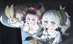 Rule 34 | + +, 3girls, blonde hair, blue hair, blush, brown eyes, brown hair, closed eyes, collarbone, commentary request, desk, food, genshin impact, green eyes, green hair, hair ornament, hat, heart, high ponytail, highres, indoors, klee (genshin impact), long hair, looking at object, monitor, mouse (computer), multicolored hair, multiple girls, nahida (genshin impact), open mouth, parted lips, pointy ears, quel (quel1111), shirt, short sleeves, side-by-side, smile, spoken heart, strap slip, t-shirt, twintails, two-tone hair, upper body, yaoyao (genshin impact)
