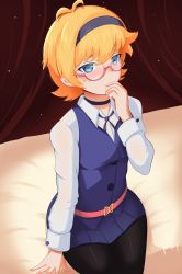 Rule 34 | 1girl, absurdres, bed, black neckwear, black pantyhose, blue eyes, blush, breasts, choker, covered mouth, freckles, glasses, hair ornament, hairband, highres, little witch academia, looking at viewer, lotte jansson, luna nova school uniform, miniskirt, nicksuslin, on bed, orange hair, pantyhose, school uniform, short hair, skirt, small breasts, solo