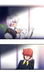 Rule 34 | 1boy, 1girl, black jacket, black sweater, book, brown eyes, cat, closed eyes, closed mouth, dr. frost, frost (dr. frost), hand up, jacket, long hair, red hair, shirt, sitting, sweater, webtoon, white hair, white shirt, yoon seong-ah