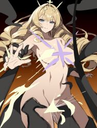 Rule 34 | 1girl, blonde hair, blue eyes, bound, bound arms, breasts, closed mouth, crown (naked king) (nikke), crown (nikke), diadem, disembodied hand, drill hair, frown, goddess of victory: nikke, hair ornament, headgear, large breasts, long hair, nude, solo, unfinished, wangjook (wj)