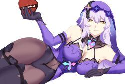 Rule 34 | 1girl, absurdres, bangle, bare shoulders, black gloves, black swan (honkai: star rail), box, bracelet, breasts, cleavage, commentary, covered navel, dress, elbow gloves, gloves, heart-shaped box, highres, holding, honkai: star rail, honkai (series), jewelry, kagurachi, large breasts, long hair, looking at viewer, lying, on side, pantyhose, purple dress, purple hair, simple background, smile, solo, veil, very long hair, white background, yellow eyes