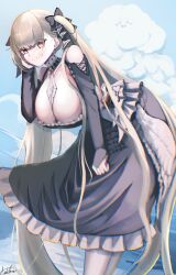 Rule 34 | 1girl, absurdly long hair, absurdres, ashitoini0627, azur lane, bare shoulders, black dress, breasts, chromatic aberration, cleavage, cloud, day, detached collar, dress, dutch angle, formidable (azur lane), frilled dress, frills, from side, grey hair, hanging breasts, highres, huge breasts, leaning forward, light smile, long hair, long sleeves, looking at viewer, looking to the side, orange eyes, outdoors, signature, solo, two-tone dress, very long hair, water, white dress
