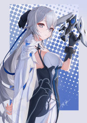 Rule 34 | 1girl, absurdres, bare shoulders, black dress, black gloves, border, breasts, bronya zaychik, bronya zaychik (silverwing: n-ex), closed mouth, dress, drill hair, gloves, grey border, grey eyes, grey hair, gun, hair ornament, highres, holding, holding gun, holding weapon, honkai (series), honkai impact 3rd, large breasts, long hair, looking at viewer, ooo wange, signature, single glove, solo, twin drills, weapon