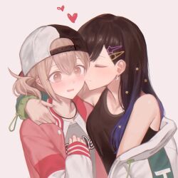 2girls @_@ azusawa_kohane baseball_cap bibisoda black_hat black_tank_top blush brown_eyes brown_hair closed_eyes closed_mouth commentary earrings hair_ornament hairclip hand_on_another&#039;s_shoulder hashtag-only_commentary hat heart jacket jewelry kiss kissing_cheek long_hair long_sleeves multiple_girls off_shoulder parted_lips pink_background pink_jacket project_sekai shiraishi_an simple_background smile star_(symbol) star_earrings star_hair_ornament tank_top twintails two-tone_hat upper_body white_hat white_jacket yuri