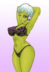 Rule 34 | 1girl, alien, armpits, arms behind head, breasts, cheelai, closed mouth, collarbone, colored skin, cowboy shot, dragon ball, dragon ball super, dragon ball super broly, gradient background, green-tinted eyewear, green skin, large breasts, lingerie, looking at viewer, navel, purple background, purple eyes, scouter, short hair, silver hair, smile, solo, thelorope, tinted eyewear, underwear, underwear only