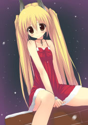 Rule 34 | 1girl, 3:, bad id, bad pixiv id, black eyes, blonde hair, blush, choker, christmas, clothes pull, covering privates, covering crotch, dress, dress pull, highres, ite fuji, long hair, looking at viewer, original, red dress, ribbon choker, sitting, sketch, solo, twintails