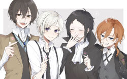 4boys akutagawa_ryuunosuke_(bungou_stray_dogs) ascot bandaged_arm bandaged_neck bandages black_gloves black_hair black_necktie brown_eyes brown_hair bungou_stray_dogs closed_eyes closed_mouth collared_shirt dazai_osamu_(bungou_stray_dogs) gloves grey_vest grin hair_between_eyes high_collar highres iori_0217 jacket long_sleeves multiple_boys nakahara_chuuya_(bungou_stray_dogs) nakajima_atsushi_(bungou_stray_dogs) necktie open_mouth orange_hair outside_border purple_eyes shirt short_hair sidelocks smile suspenders teeth vest white_ascot white_hair white_shirt