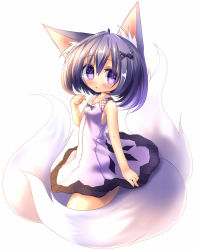 Rule 34 | 1girl, animal ears, bad id, bad pixiv id, blush, child, flat chest, fox ears, fox tail, highres, multiple tails, purple eyes, purple hair, short hair, simple background, solo, tail, tinkvov, white background