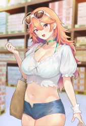 Rule 34 | 1girl, :d, absurdres, bag, blue shorts, breasts, choker, commentary request, crop top, curvy, eyewear on head, green choker, hair between eyes, highres, holding, holding bag, hololive, hololive english, large breasts, midriff, navel, official alternate costume, open fly, open mouth, orange hair, puffy short sleeves, puffy sleeves, red eyes, revision, shio05 (05 sio), shirt, shopping, short shorts, short sleeves, shorts, smile, solo, stomach, sunglasses, takanashi kiara, takanashi kiara (casual), virtual youtuber, white-framed eyewear, white shirt