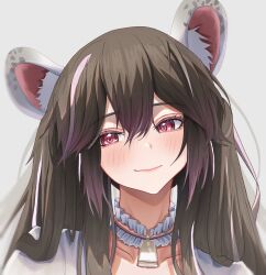 Rule 34 | 1girl, absurdres, animal ears, black hair, blush, choker, collarbone, commentary, grey background, highres, long hair, looking at viewer, original, pink eyes, portrait, shiraitoart983, simple background, smile, solo, twintails, very long hair