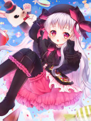 Rule 34 | 10s, 1girl, arm up, bad id, bad pixiv id, beret, black bow, black cape, black dress, black footwear, black gloves, black hat, black pantyhose, bloomers, blue sky, blurry, blurry background, blush, boots, bow, candy wrapper, cape, capelet, card, checkerboard cookie, chestnut mouth, cloud, commentary request, cookie, day, depth of field, doll joints, dress, elbow gloves, fate/extra, fate (series), food, food print, foreign blue, frilled boots, frilled footwear, frills, fur-trimmed capelet, fur trim, gloves, gothic lolita, hand up, hat, hat bow, heart, highres, joints, knee boots, lolita fashion, long hair, long sleeves, macaron, midair, mushroom print, nursery rhyme (fate), open mouth, outdoors, pantyhose, playing card, print dress, puffy long sleeves, puffy sleeves, red eyes, round teeth, silver hair, sky, solo, star (symbol), striped, striped bow, teeth, underwear, upper teeth only, very long hair, white rabbit (alice in wonderland)
