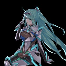 Rule 34 | 1girl, black background, breasts, chest jewel, cowboy shot, from side, gloves, green eyes, green hair, highres, large breasts, long hair, pneuma (xenoblade), ponytail, sarasadou dan, simple background, sitting, solo, spoilers, swept bangs, tiara, very long hair, xenoblade chronicles (series), xenoblade chronicles 2