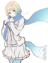 Rule 34 | 1girl, blonde hair, blue eyes, blue scarf, clear glass (mildmild1311), coat, earrings, fire emblem, fire emblem heroes, fjorm (fire emblem), green hair, highres, holding, holding clothes, holding scarf, jewelry, leggings, looking at viewer, multicolored hair, nintendo, pleated skirt, scarf, short hair, skirt, smile, solo, two-tone hair, watermark, white background, white skirt
