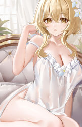 Rule 34 | 1girl, :o, absurdres, bare shoulders, blonde hair, breasts, camisole, cleavage, collarbone, congqian you ke xing, couch, curtains, flower, frilled camisole, frills, genshin impact, hair between eyes, hair flower, hair ornament, hand up, highres, indoors, large breasts, lily (flower), looking at viewer, lumine (genshin impact), on couch, open mouth, plant, see-through, short hair with long locks, sidelocks, sitting, solo, strap slip, thighs, white camisole, white flower, window