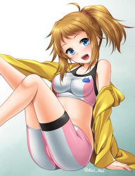 Rule 34 | 10s, 1girl, ass, bare shoulders, bike shorts, blue eyes, breasts, brown hair, collarbone, gradient background, gundam, gundam build fighters, gundam build fighters try, hood, hoodie, hoshino fumina, kei kei, legs up, midriff, off shoulder, open clothes, open hoodie, open mouth, ponytail, scrunchie, smile, solo, sports bra, two-tone sports bra