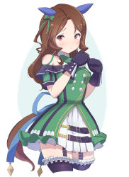Rule 34 | 1girl, animal ears, bare shoulders, black garter straps, black gloves, black thighhighs, blush, bow, brown eyes, brown hair, buttons, cropped legs, double-breasted, dress, ear covers, embarrassed, frilled thighhighs, frills, garter straps, gloves, green dress, hair bow, highres, horse ears, horse girl, horse tail, king halo (umamusume), long hair, looking at viewer, miniskirt, off-shoulder dress, off shoulder, parted hair, pleated skirt, short dress, short sleeves, skirt, solo, tail, taraneko miso, thighhighs, umamusume, white skirt