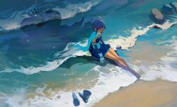 Rule 34 | 1girl, ahoge, barefoot, beach, blue cape, blue footwear, blue gloves, blue hair, blue skirt, bodice, cape, closed eyes, colored skin, day, detached sleeves, different shadow, from above, gloves, gradient skin, highres, mahou shoujo madoka magica, mahou shoujo madoka magica (anime), miki sayaka, no mouth, ocean, oktavia von seckendorff, outdoors, purple skin, rock, sad, shadow, shoes, unworn shoes, short hair, sitting, skirt, solo, water, wide shot, xxxcxxxboom