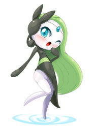 Rule 34 | 1girl, black dress, blue eyes, blush, breasts, colored skin, covered navel, creatures (company), dress, female focus, forehead jewel, full body, game freak, gen 5 pokemon, green hair, hand up, happy, headset, leg up, legendary pokemon, long hair, looking at viewer, meloetta, mythical pokemon, nintendo, one eye closed, open mouth, pokemon, pokemon (creature), ripples, simple background, small breasts, smile, solo, standing, standing on one leg, ukan muri, very long hair, water, white background, white skin, wide hips, wink