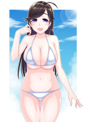 Rule 34 | 1girl, ahoge, bikini, black hair, blue sky, breasts, cleavage, cloud, cloudy sky, commentary, cowboy shot, day, girls und panzer, gluteal fold, hand in own hair, highres, igarashi (igarashi 346), isuzu hana, large breasts, long hair, looking at viewer, navel, open mouth, outdoors, outside border, purple eyes, shiny skin, skindentation, sky, smile, solo, standing, sun, swimsuit, thigh gap, white bikini