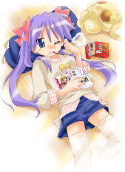 Rule 34 | 00s, 1girl, animal hands, blue eyes, book, breath, comic, cushion, doll, female focus, floor, food, highres, hiiragi kagami, long hair, lucky star, lying, manga (object), mouth hold, nyanmilla, on back, one eye closed, pillow, pocky, purple hair, sigh, sleeves rolled up, solo, star (symbol), stuffed animal, stuffed toy, sunlight, tears, thighhighs, tsurime, twintails, wince, wink, wooden floor, zabuton