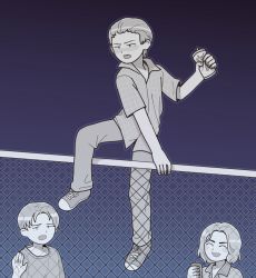 Rule 34 | 3boys, can, chain-link fence, climbing, closed eyes, collared shirt, commentary request, crushed can, fence, full body, go (inmu), gradient background, highres, hita (hizokuseikogeki), holding, holding can, looking at another, majime-kun, male focus, manatsu no yo no inmu, multiple boys, okada yoshinori, open mouth, pants, partially colored, plaid, plaid shirt, purple background, shirt, shoes, short hair, smile, sneakers, t-shirt, upper body