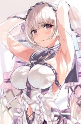 Rule 34 | 1girl, absurdres, armpits, arms up, ascot, azur lane, bare shoulders, blush, breasts, choker, closed mouth, clothing cutout, detached sleeves, dress, flower, formidable (azur lane), formidable (timeless classics) (azur lane), frilled dress, frills, grey hair, hair between eyes, hair ornament, hair ribbon, highres, large breasts, long hair, looking to the side, navel, navel cutout, neckwear between breasts, official alternate costume, purple eyes, ribbon, ribbon choker, sailor collar, sideways glance, simple background, solo, temir, twintails, two-tone ribbon, veil, very long hair