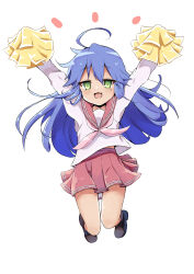 Rule 34 | 1girl, :3, :d, absurdres, ahoge, arms up, blue hair, cheerleader, commentary request, feet up, floating hair, green eyes, hair between eyes, highres, holding, holding pom poms, izumi konata, jumping, long hair, long sleeves, looking at viewer, lucky star, midair, miniskirt, mole, mole under eye, neckerchief, notice lines, open mouth, pink neckerchief, pleated skirt, pom pom (cheerleading), pom poms, red sailor collar, red skirt, sailor collar, school uniform, serafuku, shira 461, shirt, skirt, smile, solo, straight-on, white shirt