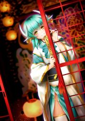 Rule 34 | 1girl, absurdres, aqua hair, blurry, blush, closed mouth, cowboy shot, depth of field, emanon123, fate/grand order, fate (series), folding fan, hair ornament, hand fan, highres, horns, japanese clothes, kimono, kiyohime (fate), lampion, long hair, long sleeves, looking at viewer, smile, solo, thighhighs, white thighhighs, wide sleeves, yellow eyes