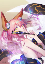 Rule 34 | 10s, 1girl, animal ears, artist name, breasts, fate/extra, fate/grand order, fate (series), fox ears, freze, from side, highres, holding, japanese clothes, looking at viewer, nail polish, pink hair, smile, solo, tamamo (fate), tamamo no mae (fate/extra), yellow eyes