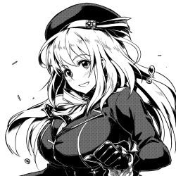 Rule 34 | 1girl, :d, atago (kancolle), beret, blush, breasts, gloves, greyscale, hat, highres, kantai collection, large breasts, long hair, monochrome, monochrome, open mouth, smile, solo, tachibana roku, upper body