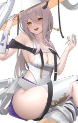 Rule 34 | 1girl, absurdres, arm up, bare shoulders, breasts, brown eyes, commentary request, cup, goddess of victory: nikke, grey hair, hair between eyes, hair ornament, hairpin, hand up, hat, highres, holding, holding cup, jingasa, kurone rinka, large breasts, leotard, long hair, looking at viewer, open mouth, revision, scarlet (nikke), simple background, sitting, smile, solo, teeth, thighhighs, thighs, upper teeth only, white background, white leotard, white thighhighs