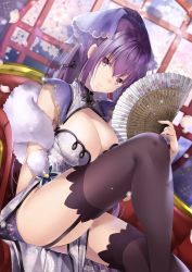 Rule 34 | 1girl, akatsuki hijiri, alternate costume, breasts, cherry blossoms, china dress, chinese clothes, cleavage, clothes between thighs, commentary request, couch, dress, expressionless, fate/grand order, fate (series), feather boa, garter straps, hand fan, highres, large breasts, long hair, looking at viewer, no panties, pelvic curtain, ponytail, purple eyes, purple hair, purple ribbon, ribbon, scathach (fate), scathach skadi (fate), signature, sitting, solo, thighhighs
