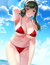 Rule 34 | 1girl, alternate costume, arm behind head, bikini, black hair, blue sky, breasts, cleavage, closed mouth, cloud, commentary request, curvy, day, groin, hair between eyes, hairband, hand in own hair, large breasts, leaning forward, lens flare, long hair, looking at viewer, navel, ocean, outdoors, partial commentary, plump, red bikini, red eyes, short hair with long locks, sidelocks, skindentation, sky, solo, spy x family, stomach, swimsuit, switch01, thighs, white hairband, yor briar