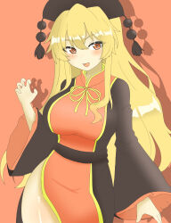 Rule 34 | 1girl, absurdres, blonde hair, china dress, chinese clothes, collar, dress, hat, highres, junko (touhou), long sleeves, looking at viewer, one-hour drawing challenge, orange background, phoenix crown, red eyes, shirokumall, tabard, touhou, wide sleeves