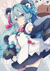 Rule 34 | 1girl, absurdres, animal ears, aqua eyes, aqua hair, black thighhighs, blush, breasts, china dress, chinese clothes, chuuko anpu, detached sleeves, dress, hair ornament, hat, hatsune miku, highres, long hair, looking at viewer, open mouth, panda, rabbit, rabbit yukine, skirt, small breasts, thighhighs, top hat, twintails, very long hair, vocaloid, wide sleeves