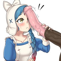 Rule 34 | 1girl, animal penis, bestiality, blue hair, blush, braid, breasts, collarbone, fire emblem, fire emblem fates, handjob, has bad revision, has censored revision, highres, horse, horse penis, huge penis, lilith (fire emblem), long hair, medium breasts, nintendo, penis, penis awe, penis on face, penis shadow, simple background, single braid, tuoni, uncensored, veins, veiny penis, white background, yellow eyes