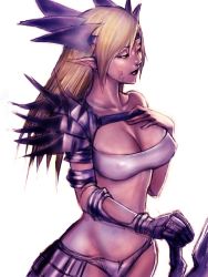 Rule 34 | 1girl, armor, blonde hair, breasts, cleavage, elf, female focus, fumio (rsqkr), large breasts, long hair, pointy ears, shoulder pads, simple background, solo, white background
