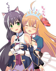 Rule 34 | 2girls, :d, ^ ^, ahoge, animal ear fluff, animal ears, bare shoulders, black hair, blue sleeves, blush, breasts, brown hair, cat ears, closed eyes, commentary request, detached sleeves, closed eyes, gloves, green eyes, hair ribbon, hug, hug from behind, karyl (princess connect!), long hair, long sleeves, low twintails, medium breasts, multicolored hair, multiple girls, neu (frameice), open mouth, pecorine (princess connect!), princess connect!, princess connect!, puffy short sleeves, puffy sleeves, purple skirt, red ribbon, ribbon, shirt, short sleeves, shrug (clothing), simple background, skirt, sleeveless, sleeveless shirt, sleeves past wrists, small breasts, smile, streaked hair, tiara, translation request, twintails, very long hair, white background, white gloves, white hair, white shirt, yuri