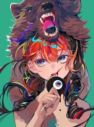 Rule 34 | 1girl, aimitkkays, bare shoulders, bear hat, bear pelt, bleeding, blood, blood on face, blue eyes, brown hair, candy, colored inner hair, commentary, drill hair, eyeball, eyelashes, food, green background, green eyes, heterochromia, highres, holding, holding candy, holding eyeball, holding food, holding lollipop, licking, lollipop, looking away, melting, mole, mole on cheek, mole under eye, multicolored eyes, multicolored hair, open mouth, original, pelt, portrait, purple eyes, red hair, sideways glance, simple background, solo, symbol-only commentary, tongue, tongue out, twin drills, twintails