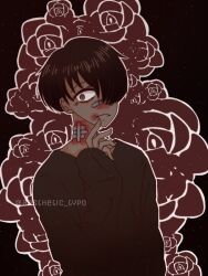 Rule 34 | aesthetic cypo, aura, bastard (manhwa), black hair, black sweater, blood, blood on face, brown hair, closed mouth, hand up, long hair, looking at viewer, seon jin, serious, sweater